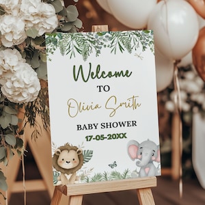 Safari-Thema Willkommensschild, Bearbeitbare Babyparty Willkommensschild-Vorlage, Dschungel-Babypartyschild, Safari-Babyparty-Willkommensschild