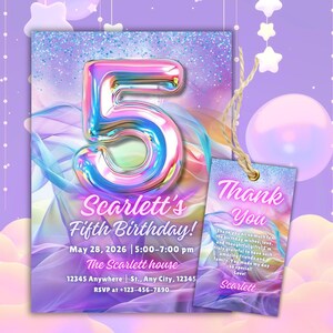 Editable 5th Birthday Girl Invite, Rainbow Foil Girl Invitation, Pink 5th Birthday Invitation, Glitter Birthday Party, Fifth Birthday Invite