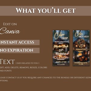 Peut inclure: Mod&egrave;le d'invitation num&eacute;rique sur le th&egrave;me du chalet. La conception comprend le texte &laquo;&nbsp;Cabin Trip&nbsp;&raquo; et &laquo;&nbsp;Cabin Details&nbsp;&raquo;, avec des champs modifiables pour les informations sur l'&eacute;v&eacute;nement. Le mod&egrave;le est con&ccedil;u pour &ecirc;tre utilis&eacute; avec Canva.