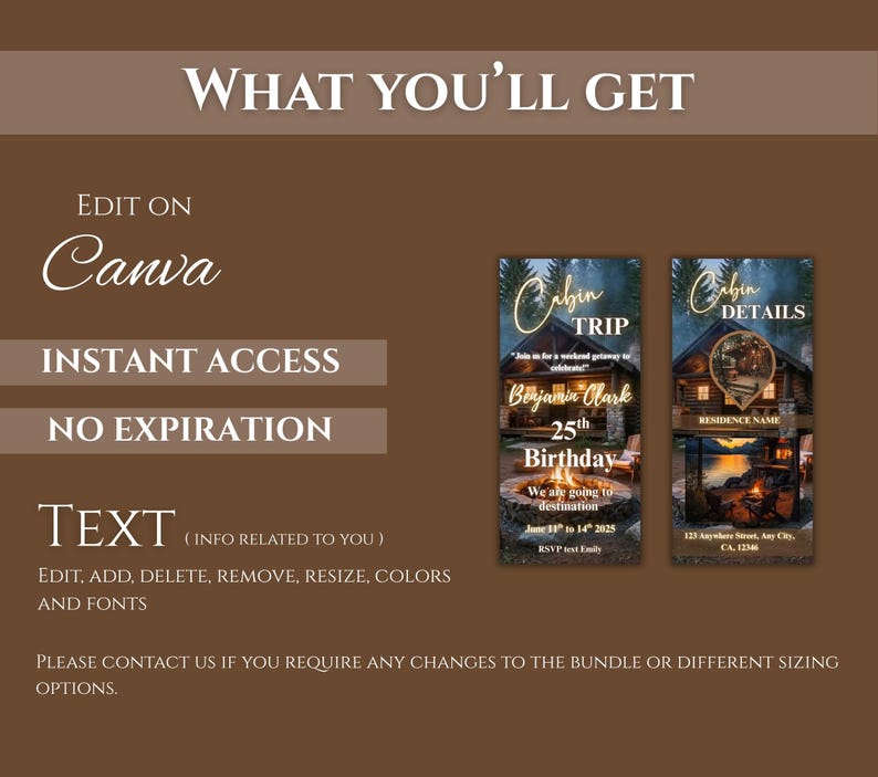 Peut inclure: Mod&egrave;le d'invitation num&eacute;rique sur le th&egrave;me du chalet. La conception comprend le texte &laquo;&nbsp;Cabin Trip&nbsp;&raquo; et &laquo;&nbsp;Cabin Details&nbsp;&raquo;, avec des champs modifiables pour les informations sur l'&eacute;v&eacute;nement. Le mod&egrave;le est con&ccedil;u pour &ecirc;tre utilis&eacute; avec Canva.