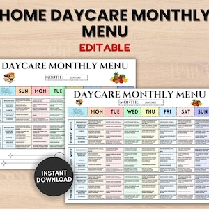 Editable Home School Meal Planner, Home Daycare Weekly Menu Editable, Kids Weekly meal planner, Preschool Menu, Printable Daycare Template