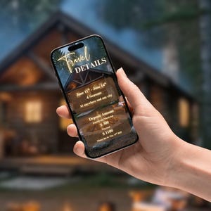 Peut inclure: Un smartphone affiche des d&eacute;tails de voyage sur un fond flou de chalet. L'&eacute;cran affiche "Travel Details" et des informations telles que les dates, le montant de l'acompte et le co&ucirc;t total du voyage. Le t&eacute;l&eacute;phone est tenu dans une main.
