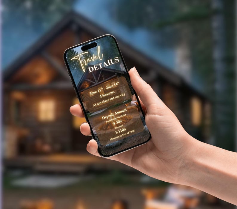Peut inclure: Un smartphone affiche des d&eacute;tails de voyage sur un fond flou de chalet. L'&eacute;cran affiche "Travel Details" et des informations telles que les dates, le montant de l'acompte et le co&ucirc;t total du voyage. Le t&eacute;l&eacute;phone est tenu dans une main.