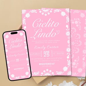 Editable Cielito Lindo Invitation Set, Cielito Lindo Baby Shower Invite, Mexican Baby Shower Invitation, Pink Talavera, Papel Picado Invite
