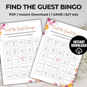 Find the Guest Bingo Game, Printable Bridal Shower Bingo, Summer Floral Bridal Shower Game Template, Bridal Party Games, wedding showerbingo
