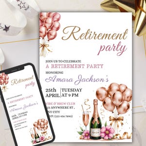 Editable Champagne Retirement Party Invitation Template, Elegant Retirement Dinner Party, Minimalist Champagne Theme Retirement Party