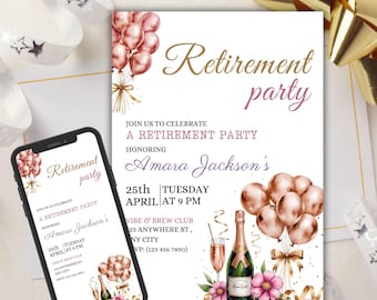 Editable Champagne Retirement Party Invitation Template, Elegant Retirement Dinner Party, Minimalist Champagne Theme Retirement Party