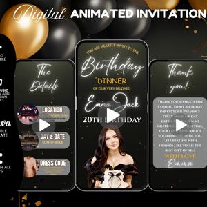 Digital Birthday Dinner Video Invitation Template, Black Birthday Dinner Invite, Animated glam Birthday invitation, birthday itinerary evite