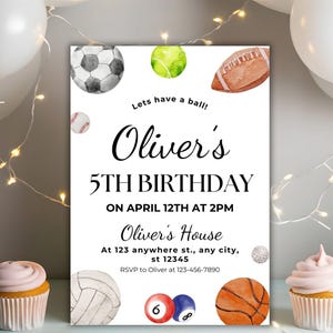 Modèle d'invitation d'anniversaire sportif modifiable, baseball, basket-ball, football à imprimer, invitation thème sport, carte de fête d'anniversaire de baseball