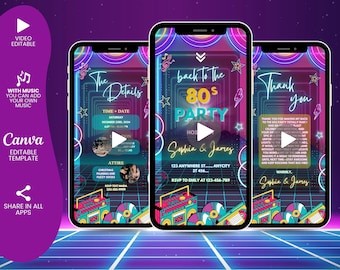 Bewerkbare 80s verjaardagsuitnodiging, terug naar de jaren 80 uitnodiging voor feest, deze thema verjaardagsuitnodiging van de jaren 80, geanimeerde neon 80's achtergrond