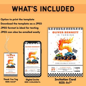 Puede incluir: Un conjunto de invitaciones para una fiesta de cumplea&ntilde;os con tem&aacute;tica de camiones monstruo. El conjunto incluye una etiqueta de agradecimiento, una invitaci&oacute;n digital y una tarjeta de invitaci&oacute;n. La tarjeta de invitaci&oacute;n mide 12,7 x 17,78 cm.