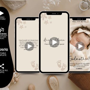 Plantilla de video de invitación para pedir ser mi madrina, propuesta de padrino con foto editable, propuesta de madrina minimalista y moderna para bautizo.