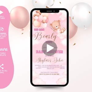 Digital Baby Girl Shower Invitation Template, Electronic Bear Baby Shower Evite, Pink Balloon Baby Shower Party Invitation, Hot Air Balloon