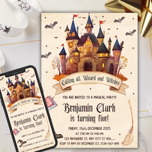 Editable Magical Birthday Invitation, Wizards Witches Birthday Invitation Template, Printable Magic Wizardry Castle Birthday Party Invite
