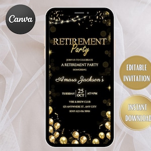 Modèle modifiable d'invitation à une fête de départ à la retraite, dîner de départ à la retraite, paillettes scintillantes élégantes en or blanc noir, fête de départ à la retraite, c'est une surprise