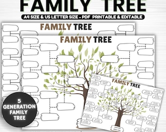 Family Tree Template 5 Generation Editable, Family Tree Chart, Printable for Family Reunion Gifts, Pedigree Chart, Genealogy Chart, family
