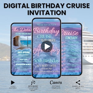 Digitale Geburtstags-Kreuzfahrt-Reiseplaner, Wochenend-Schiffseinladung, Kreuzfahrt 2025 Urlaubsvorlage, Karibik-Reiseplaner, Mädchenreise,