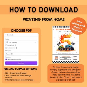 Puede incluir: Una gu&iacute;a de descarga digital con instrucciones sobre c&oacute;mo descargar e imprimir una invitaci&oacute;n de cumplea&ntilde;os. La invitaci&oacute;n presenta camiones monstruo y el texto "Oliver Ben cumple 5 a&ntilde;os". Incluye instrucciones sobre tipo de archivo, selecci&oacute;n de p&aacute;ginas y consejos de impresi&oacute;n.