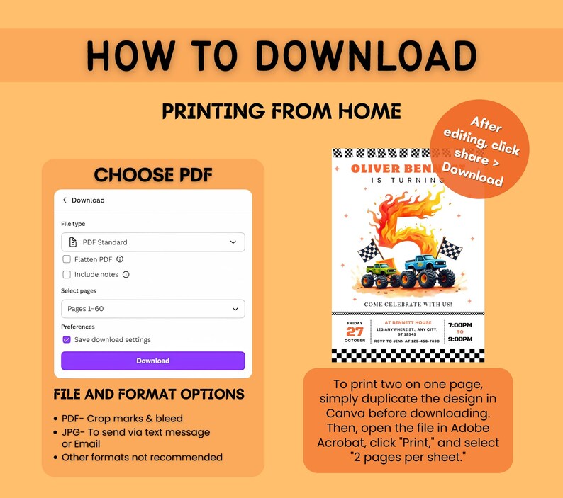 Puede incluir: Una gu&iacute;a de descarga digital con instrucciones sobre c&oacute;mo descargar e imprimir una invitaci&oacute;n de cumplea&ntilde;os. La invitaci&oacute;n presenta camiones monstruo y el texto "Oliver Ben cumple 5 a&ntilde;os". Incluye instrucciones sobre tipo de archivo, selecci&oacute;n de p&aacute;ginas y consejos de impresi&oacute;n.