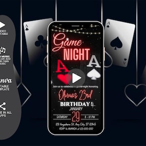 Bearbeitbare Geburtstags-Spielnacht-Videoeinladungsvorlage, animierte Neonrot-Weiß-Asskartenthema-Spielnachteinladung, Pyjama-Geburtstagsfeier