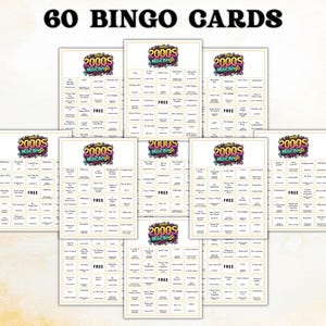 May include: A collection of 60 bingo cards with a 2000s music theme. Each card features a colorful logo and a grid of song titles. The text "FREE" is visible on several cards. The words "60 BINGO CARDS" are at the top.