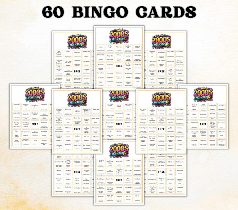 May include: A collection of 60 bingo cards with a 2000s music theme. Each card features a colorful logo and a grid of song titles. The text "FREE" is visible on several cards. The words "60 BINGO CARDS" are at the top.