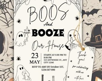 Skeleton Boos & Booze Halloween Party Invitation Template, Editable Adult Halloween Invite, Printable Fun Beer Invite Ghost cocktails design