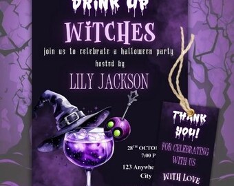 Drink up Witches Halloween party Invite, Editable Halloween Cocktail Party, Printable Witches Halloween Invitation, Adult Halloween Party