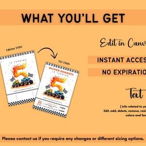 Puede incluir: Un dise&ntilde;o de invitaci&oacute;n con tem&aacute;tica de camiones monstruo. El dise&ntilde;o presenta un gran n&uacute;mero 5 con llamas, camiones monstruo y banderas a cuadros. El texto incluye "What You'll Get", "Edit in Canva" y "Instant Access".