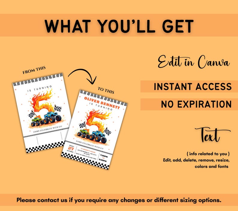 Puede incluir: Un dise&ntilde;o de invitaci&oacute;n con tem&aacute;tica de camiones monstruo. El dise&ntilde;o presenta un gran n&uacute;mero 5 con llamas, camiones monstruo y banderas a cuadros. El texto incluye "What You'll Get", "Edit in Canva" y "Instant Access".