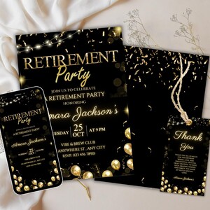 Retirement Party Invitation Template, Editable Retirement Dinner Elegant Black White Gold Sparkle Glitter, Retirement Party It's a Surprise image 2