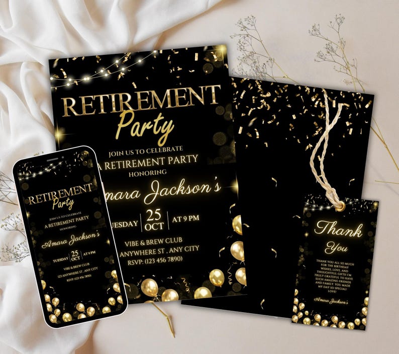 Retirement Party Invitation Template, Editable Retirement Dinner Elegant Black White Gold Sparkle Glitter, Retirement Party It's a Surprise image 2