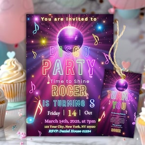 Disco Dance Party Invitation, Disco Party Invitation, Editable Neon Glow, Neon Glow Disco Party, Neon Disco Ball Birthday Party Invitation