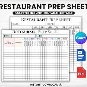 Edittable Restaurant Prep Sheet, Food Prep Chart, Food Prep Sheet, Restaurant Opening, BOH Checklist, Restaurant Prep Checklist, Restaurant