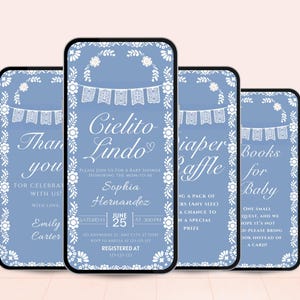 May include: Four smartphones displaying baby shower invitations. The invitations have a light blue background with white floral and banner designs. Text includes "Cielito Lindo", "Diaper Raffle", and "Books for Baby".