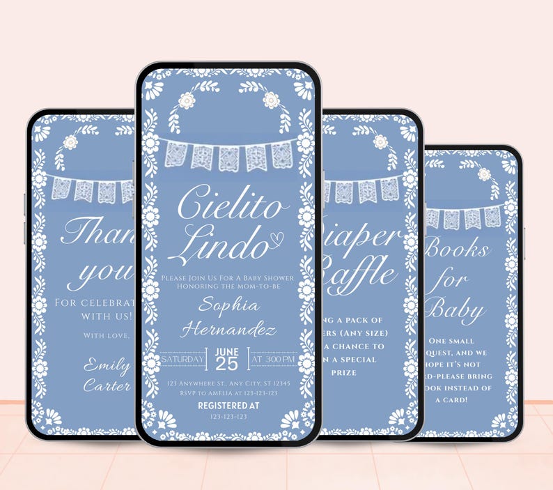 May include: Four smartphones displaying baby shower invitations. The invitations have a light blue background with white floral and banner designs. Text includes "Cielito Lindo", "Diaper Raffle", and "Books for Baby".