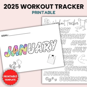 Op de afbeelding: Printbare workout-tracker voor 2025 met een zwart-wit ontwerp. De tracker bevat een kalender voor elke maand van het jaar met een doelsectie bovenaan. De kalender is ontworpen om met verschillende kleuren in te kleuren. De maanden zijn januari, februari, maart, april, mei, juni, juli, augustus, september, oktober, november en december.