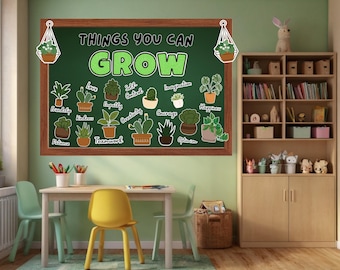 Plant Classroom Door Decor Kit Printable, Botanical Bulletin Board, Name Tags Quotes & Flowers, Back to School Bulletin Board Growth Mindset