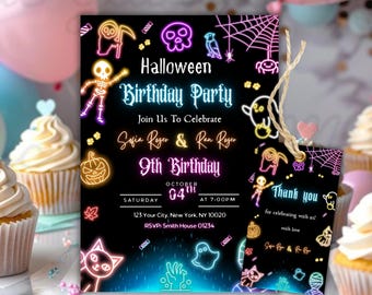 Neon Halloween Party Invitation, Halloween Spooky Party Invite Editable Spooky Costume Party Invite, Glow Party, Modern Birthday