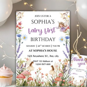 Fairy First Birthday Invitation, Editable Enchanted Garden Fairy Invitation, Girl 1st Birthday Party Invite Wildflower Fairy Birthday Invite