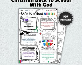 Könnte beinhalten: Ein schwarz-weiß druckbares PDF mit dem Text "Christian Back To School With God". Das Design umfasst Illustrationen zum Thema Schule und inspirierende Botschaften. Das PDF ist in den Größen 8,5x11 und A4 erhältlich.