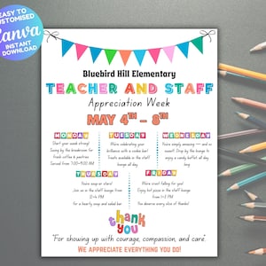 Editable Colorful Teacher Appreciation Week Itinerary Poster Template, Teacher & Staff Appreciation Schedule Itinerary, Teacher Appreciation