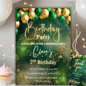 Green Gold Birthday Invitation Template, Digital Green Balloon Invite, Editable Birthday dinner Invite Printable, Party Invitation