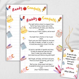 Back to School Ready Confetti Printable Poem, First Day of Kindergarten Preschool Favor Tag, Night Before First Day of School Gift Bag Tag