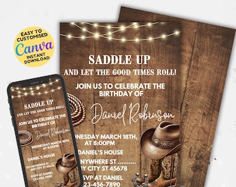 Editable Cowboy Birthday Invitation, Western Theme (Digital Download)