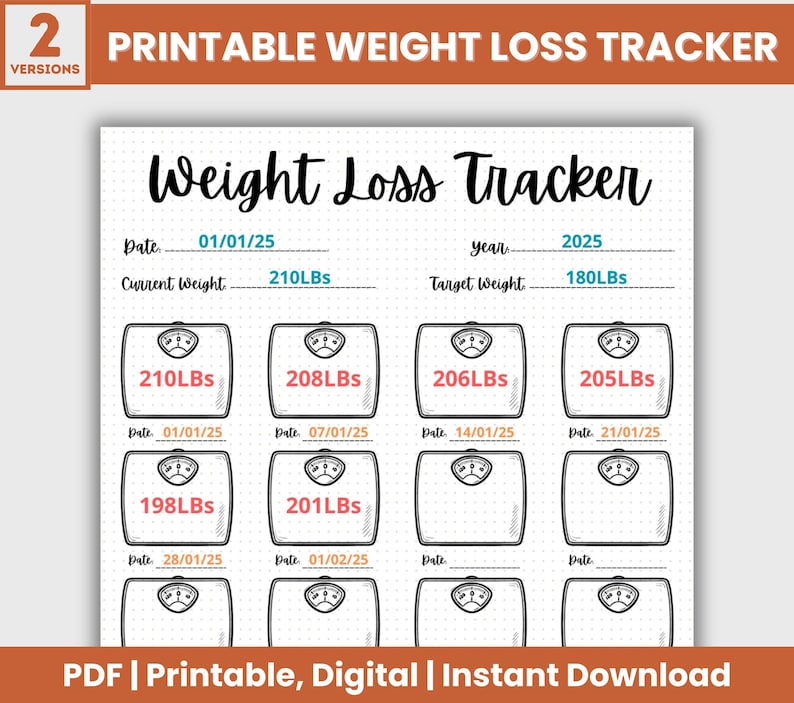 May include: Printable weight loss tracker with a black and white scale design. The tracker includes a section for date, current weight, target weight, and year. The tracker has a dotted background.