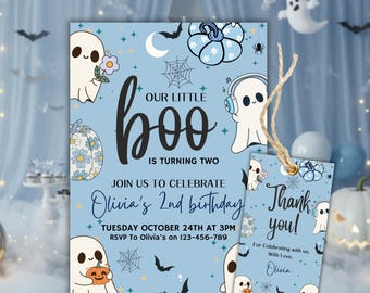 Editable Our Little Boo is Turning Two Invitation, Halloween Birthday Invitation, 2nd Birthday Girl Invite, Blue Ghost Birthday Invitation