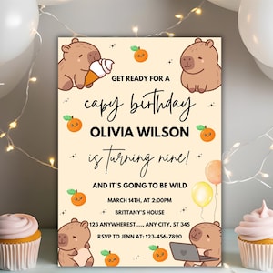 Editable Capybara Birthday Invitation Template, Cute Capy Birthday, Animals Kids Birthday girl Birthday Theme, Pet Lover Birthday Invitation