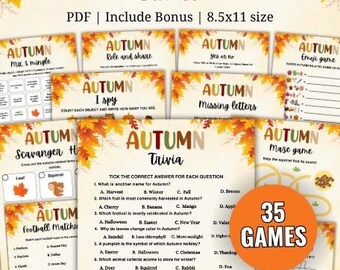 May include: A set of printable autumn games, including trivia and a maze game. The design features fall leaves and the text "Autumn Games" with a bonus of 35 games. The size is 21.59 x 27.94 cm.