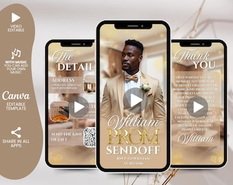 Digital Prom Send Off Invitation, Editable Beige Gold Boys Flyer Template, King Prom Party Invite, Men DIY Graduation Celebration Animated